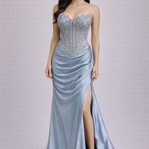 Strapless Embellished Corset Prom Gown in Light Blue Satin